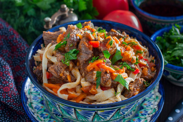 Traditional Uzbek Lagman with beef and vegetables, horizontal