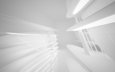 Abstract smooth white interior of the future. Night view from the backlight. Architectural background. 3D illustration and rendering 