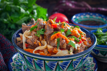 Traditional Uzbek Lagman with beef and vegetables, horizontal
