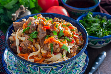 Traditional Uzbek Lagman with beef and vegetables, horizontal