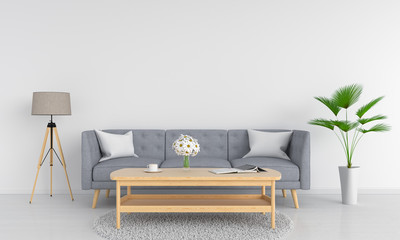 Gray sofa and wood table in white living room, 3D rendering