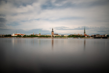 Fototapeta premium Riga city, capital of Latvia panoramic view with river Daugava and cable bridge