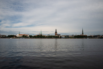 Fototapeta premium Riga city, capital of Latvia panoramic view with river Daugava and cable bridge
