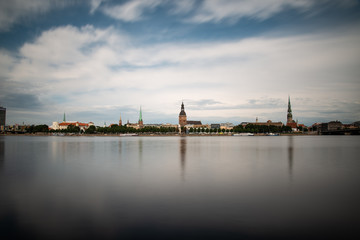 Naklejka premium Riga city, capital of Latvia panoramic view with river Daugava and cable bridge