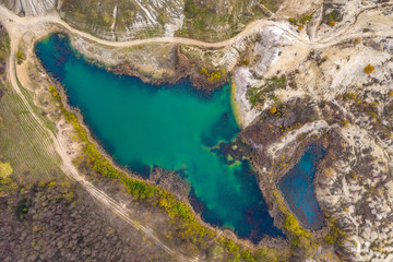 Aerial drone shot of a lake, opencast mine