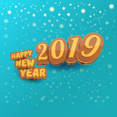 2019 Happy new year creative design background or greeting card with colorful numbers and greeting text. Happy new year label or icon isolated on azure background with falling snow and lights