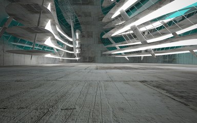 Empty dark abstract glass turquoise and concrete smooth interior. Night view of the illuminated. Architectural background. 3D illustration and rendering