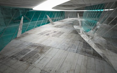 Obraz premium Empty dark abstract glass turquoise and concrete smooth interior. Night view of the illuminated. Architectural background. 3D illustration and rendering