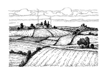 Hand drawn ink sketch rural landscape.