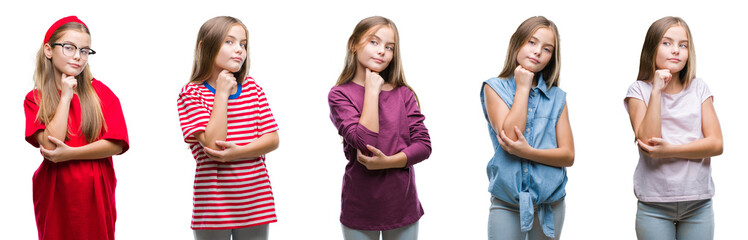 Collage of young beautiful little girl kid over isolated background with hand on chin thinking about question, pensive expression. Smiling with thoughtful face. Doubt concept.