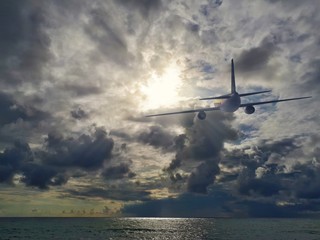 Fototapeta na wymiar Airplane flying over the sea at sunset. Travel and business concept - 3D rendered illustration.