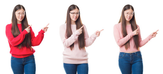 Collage of young beautiful Chinese woman over isolated background smiling and looking at the camera pointing with two hands and fingers to the side.