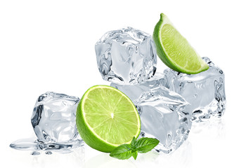 Ice cubes with lime / ice cubes, lime and basil leaves isolated on white background
