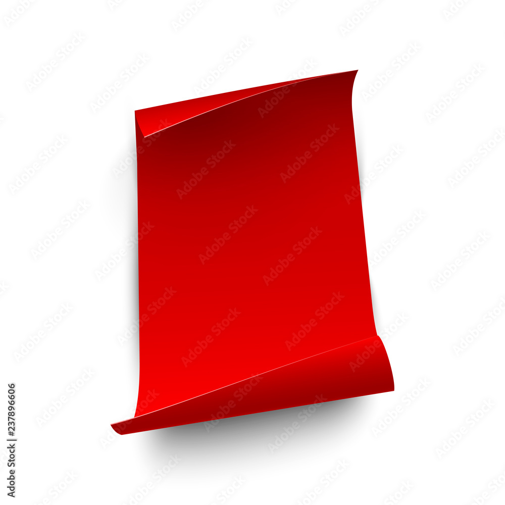 Poster vertical red paper sheet with curled edges isolated on transparent background. vector design element