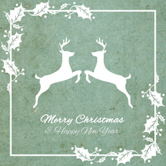 Reindeers Merry Christmas and Happy New Year blue and white vintage greeting card with ornaments