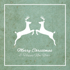 Reindeers Merry Christmas and Happy New Year blue and white vintage greeting card