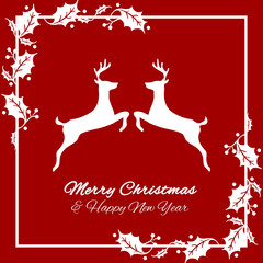 Reindeers Merry Christmas and Happy New Year red and white greeting card with ornaments