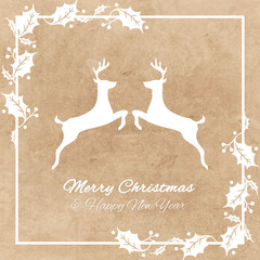 Reindeers Merry Christmas and Happy New Year white and paper greeting card with ornaments