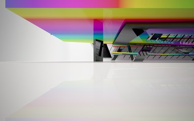 abstract architectural interior with black  sculpture with gradient geometric glass lines. 3D illustration and rendering