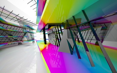 abstract architectural interior with black  sculpture with gradient geometric glass lines. 3D illustration and rendering