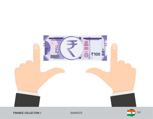100 Indian Rupee Banknote. Business hands measuring banknote. Flat style vector illustration. Business finance concept.