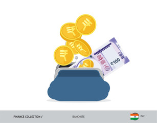 Blue opened purse with 100 Indian Rupee Banknote and coins. Flat style vector illustration. Business concept.