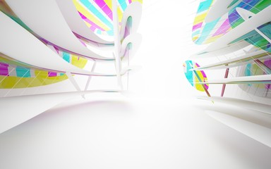 abstract architectural white interior with colored smooth glass gradient sculpture. 3D illustration and rendering