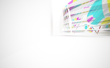 Fototapeta premium abstract architectural white interior with colored smooth glass gradient sculpture. 3D illustration and rendering