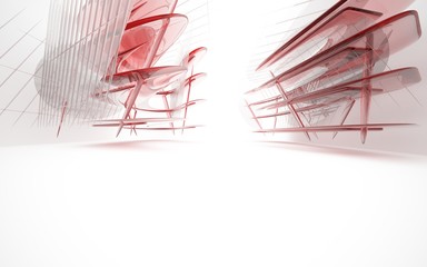 abstract architectural interior with red smooth glass sculpture. 3D illustration and rendering