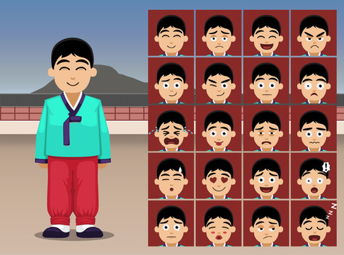 Korean Boy Cartoon Emotion faces Vector Illustration