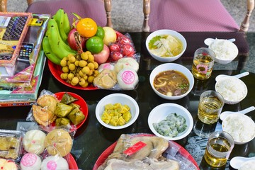 Top View of Variety of Foods During Chinese Hungry Ghost Festival or Zhongyuan Jie