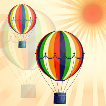 Large colored balloons soar against the bright sky and the sun. Creative vector illustration for your design.