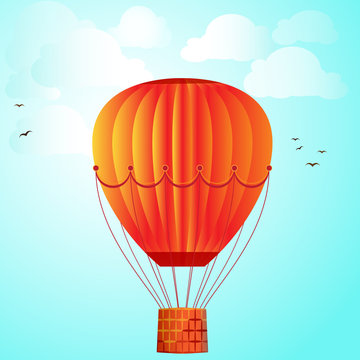 Large isolated colored balloon against the bright sky, clouds and birds. Vector illustration for your design.