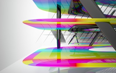 abstract architectural interior with colored smooth glass sculpture with black lines. 3D illustration and rendering