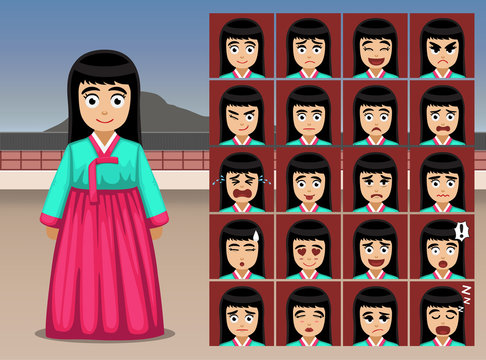Korean Girl Cartoon Emotion faces Vector Illustration