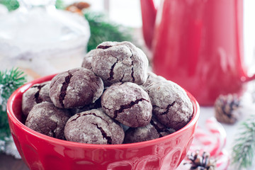 Chocolate cookies with cracks in the red bowl, horizontal