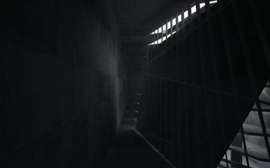 Empty dark abstract concrete room interior. Architectural background. Night view of the illuminated. 3D illustration and rendering