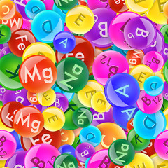 Colorful vitamin balls seamless pattern. Vector pharmacy illustration.
