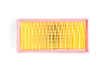 Clean yellow auto air filter isolated on white background.
