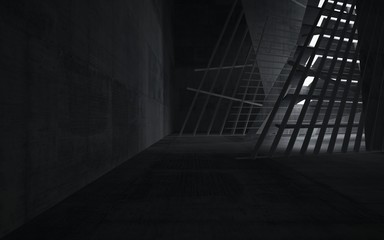 Empty dark abstract concrete room interior. Architectural background. Night view of the illuminated. 3D illustration and rendering