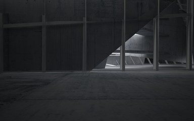 Empty dark abstract concrete room interior. Architectural background. Night view of the illuminated. 3D illustration and rendering