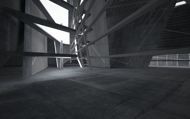 Empty dark abstract concrete room interior. Architectural background. Night view of the illuminated. 3D illustration and rendering