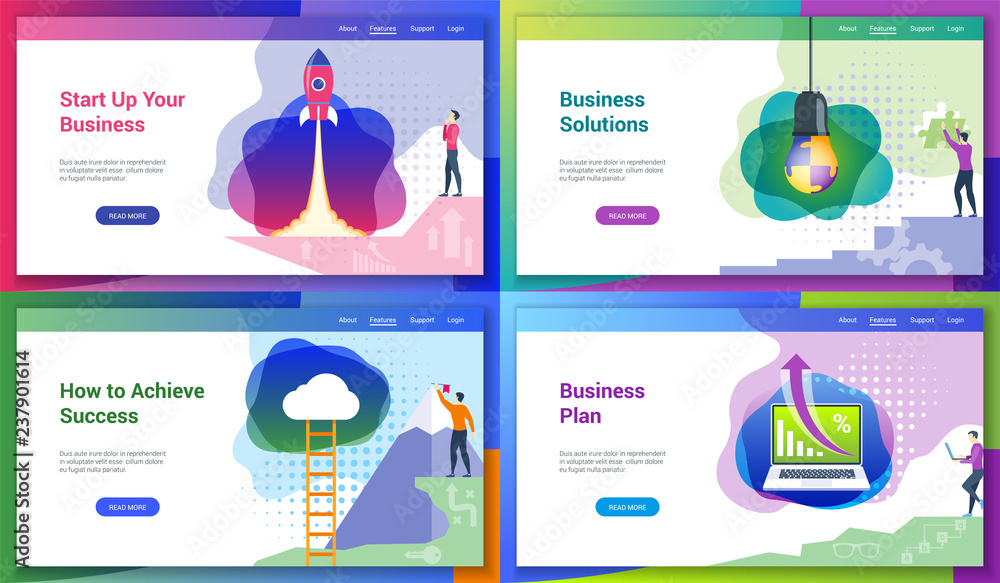 Poster set of modern landing page template for business solutions, start up, plans. vector illustration moc