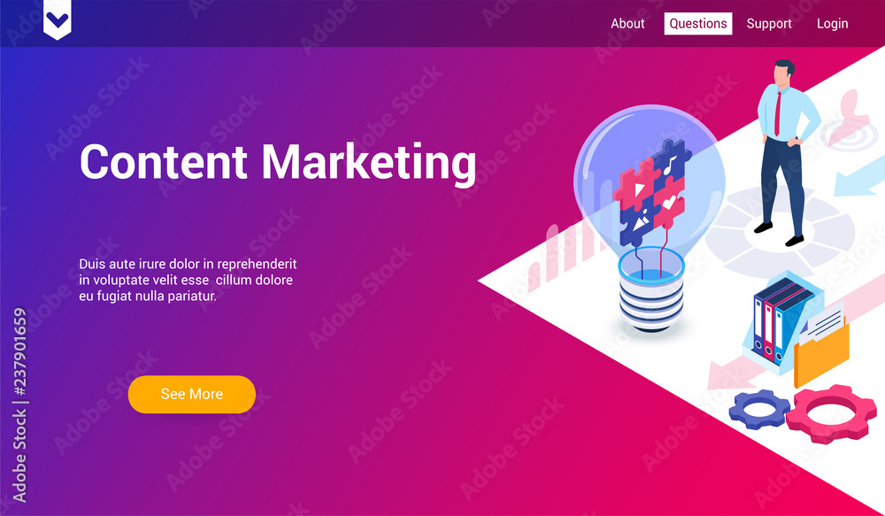 Poster isometric landing page template for content marketing. vector illustration mock-up for website and m