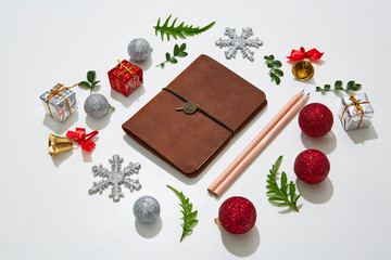 Christmas Decoration with Blank Paper on White Background.Flat Lay,Top View