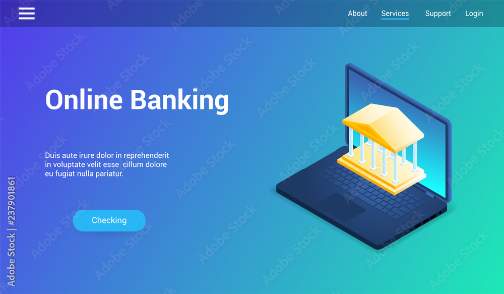 Poster isometric landing page template for online banking. vector illustration mock-up for website and mobi