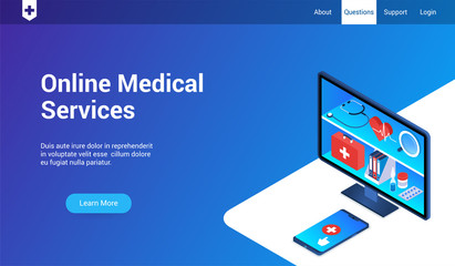 Isometric landing page template for online medical service. Vector illustration mock-up for website and mobile website
