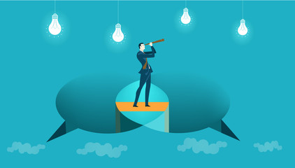 Businessman staying up on the island between two speech bubbles, representing the joint solution. Looking for new business opportunity, working together concept © IRStone