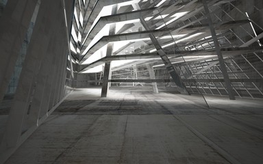 Empty dark abstract concrete room interior with blue glass. Architectural background. Night view of the illuminated. 3D illustration and rendering