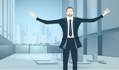 Fototapeta premium Successful businessman with wide open hands in the big office space. Winning, leading and success theme illustration. Business concept collection.
